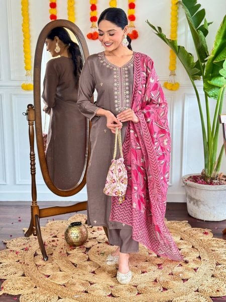 Rich  Viscose Chanderi Kurta Set with Pure Linen Dupatta     Embroidered Elegance 