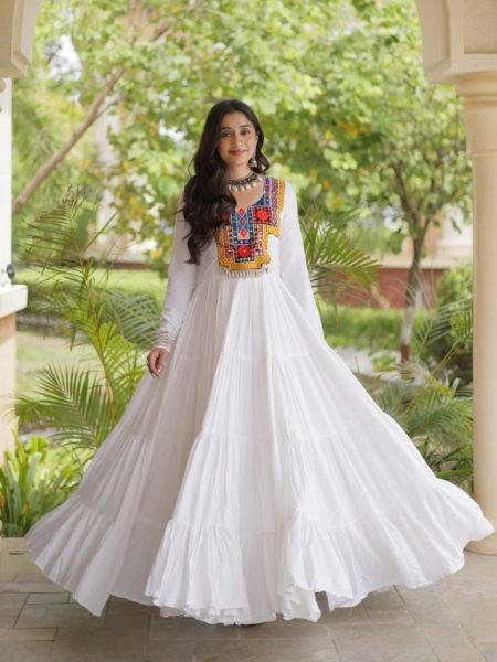 Rich White Designer Reyon Gown with Kutchi Gamthi Thread Embroidery 