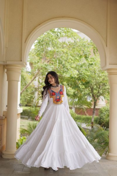 Rich White Designer Reyon Gown with Kutchi Gamthi Thread Embroidery Anarkali Kurtis 