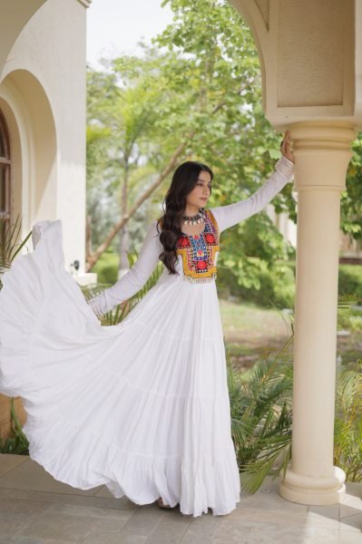Rich White Designer Reyon Gown with Kutchi Gamthi Thread Embroidery Anarkali Kurtis 