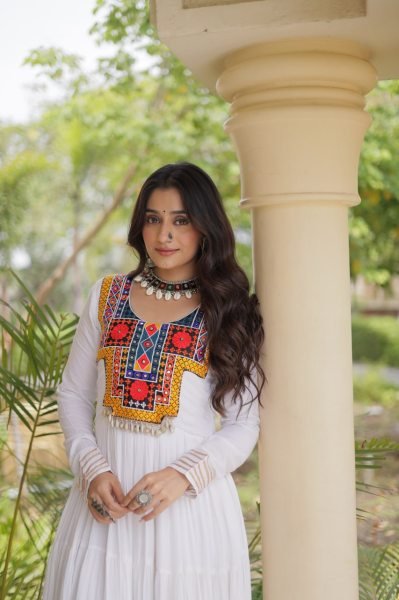 Rich White Designer Reyon Gown with Kutchi Gamthi Thread Embroidery Anarkali Kurtis 