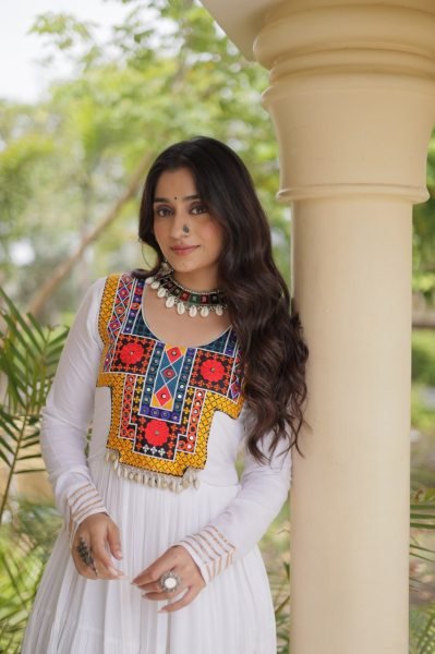 Rich White Designer Reyon Gown with Kutchi Gamthi Thread Embroidery Anarkali Kurtis 