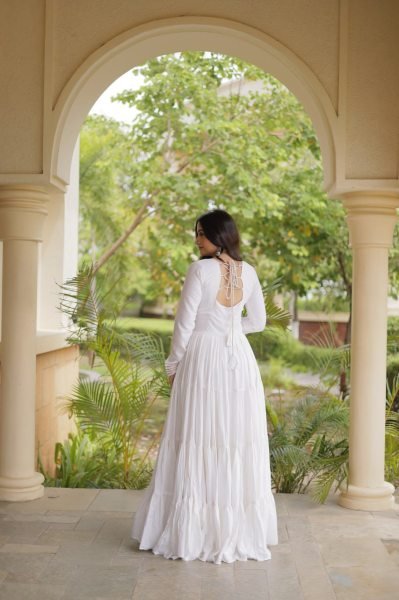Rich White Designer Reyon Gown with Kutchi Gamthi Thread Embroidery Anarkali Kurtis 
