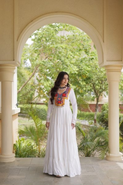Rich White Designer Reyon Gown with Kutchi Gamthi Thread Embroidery Anarkali Kurtis 