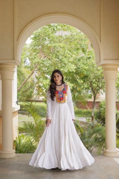 Rich White Designer Reyon Gown with Kutchi Gamthi Thread Embroidery Anarkali Kurtis 
