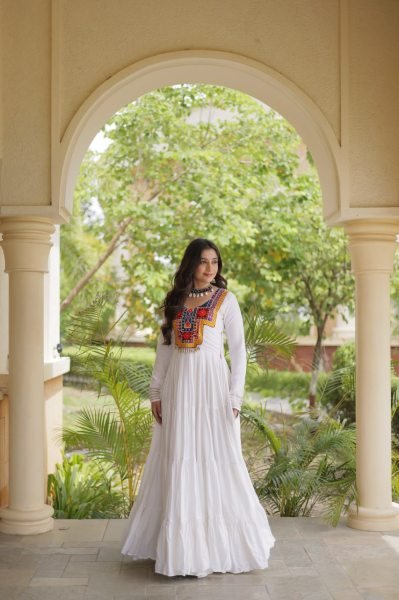 Rich White Designer Reyon Gown with Kutchi Gamthi Thread Embroidery Anarkali Kurtis 