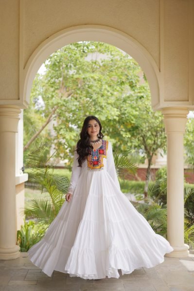 Rich White Designer Reyon Gown with Kutchi Gamthi Thread Embroidery Anarkali Kurtis 