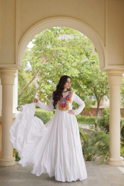 Rich White Designer Reyon Gown with Kutchi Gamthi Thread Embroidery Anarkali Kurtis 