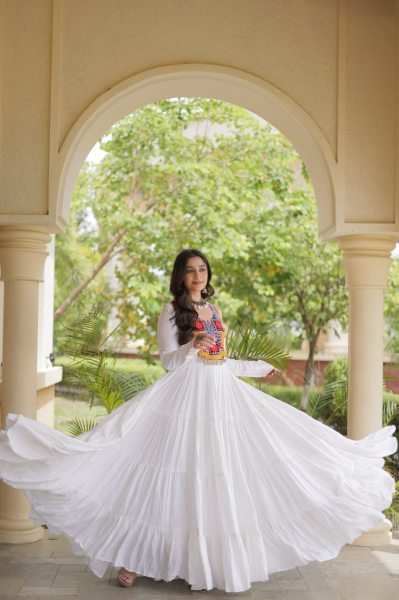 Rich White Designer Reyon Gown with Kutchi Gamthi Thread Embroidery Anarkali Kurtis 