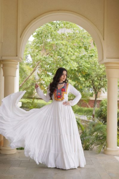 Rich White Designer Reyon Gown with Kutchi Gamthi Thread Embroidery Anarkali Kurtis 