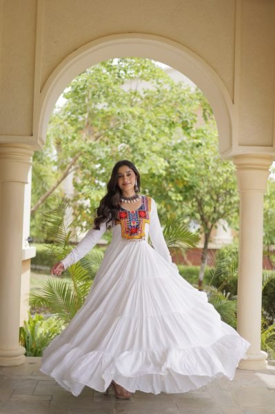 Rich White Designer Reyon Gown with Kutchi Gamthi Thread Embroidery Anarkali Kurtis 
