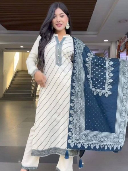 Rich White Muslin Suit Set with Digital Print Kurti Pant and Dupatta Kurtis