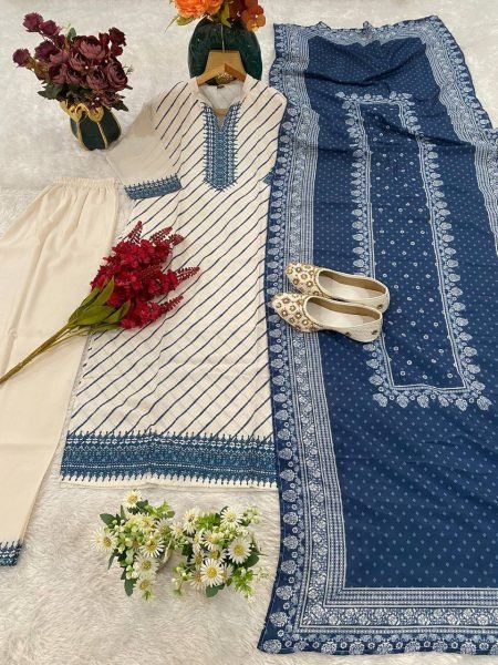Rich White Muslin Suit Set with Digital Print Kurti Pant and Dupatta Printed Kurtis