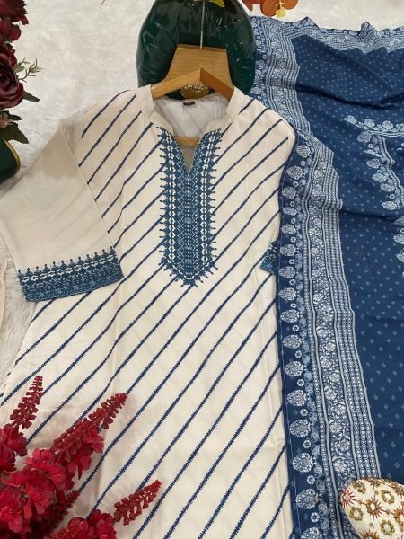 Rich White Muslin Suit Set with Digital Print Kurti Pant and Dupatta Printed Kurtis