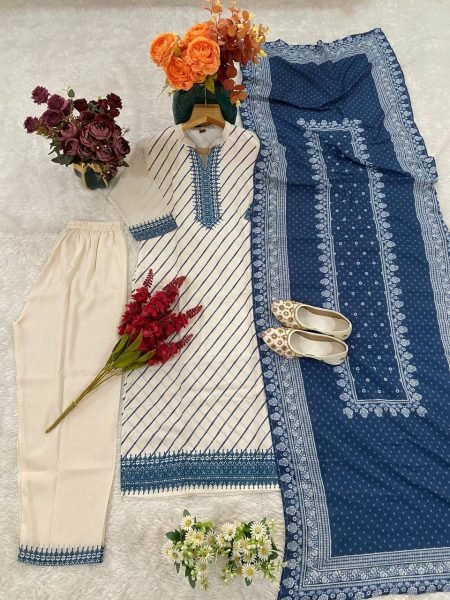 Rich White Muslin Suit Set with Digital Print Kurti Pant and Dupatta Printed Kurtis