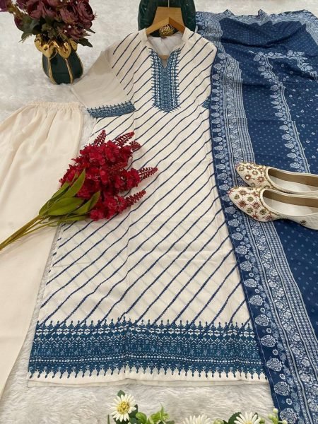 Rich White Muslin Suit Set with Digital Print Kurti Pant and Dupatta Printed Kurtis