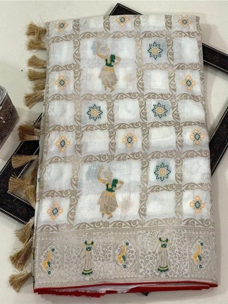 Rich White Pure Dhola Silk Saree with Rich Zari Woven Border and Contrast Butti Blouse Sarees 
