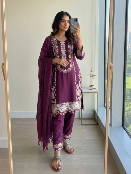 Rich Wine Satin Rayon Kurti Pant Set with Embroidered Work For Wholesale Business Price Ready To Wear Suit