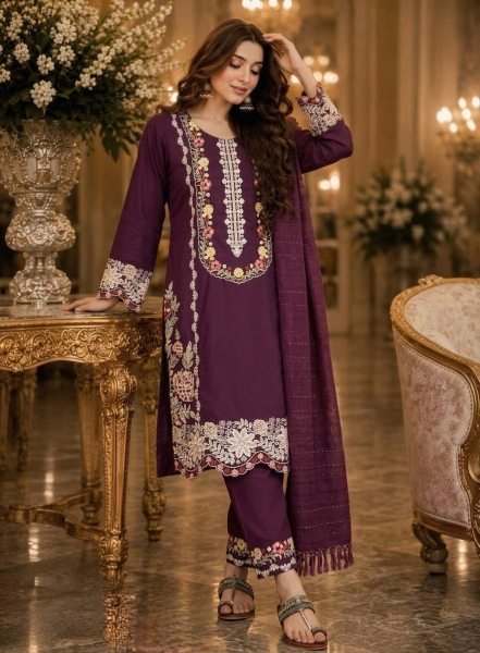 Rich Wine Satin Rayon Kurti Pant Set with Embroidered Work For Wholesale Business Price Ready To Wear Collection