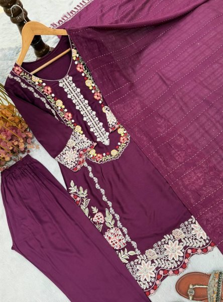 Rich Wine Satin Rayon Kurti Pant Set with Embroidered Work For Wholesale Business Price Ready To Wear Collection