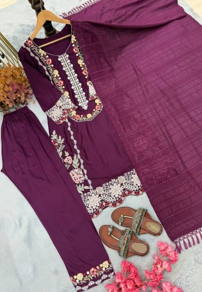 Rich Wine Satin Rayon Kurti Pant Set with Embroidered Work For Wholesale Business Price Ready To Wear Collection