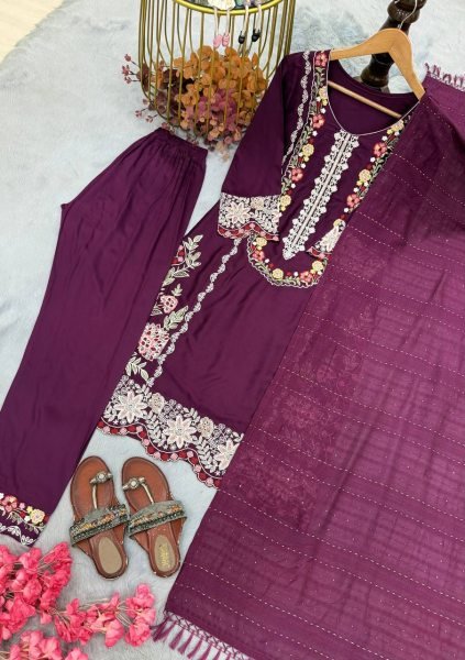Rich Wine Satin Rayon Kurti Pant Set with Embroidered Work For Wholesale Business Price Ready To Wear Collection