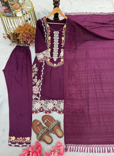 Rich Wine Satin Rayon Kurti Pant Set with Embroidered Work For Wholesale Business Price Ready To Wear Collection