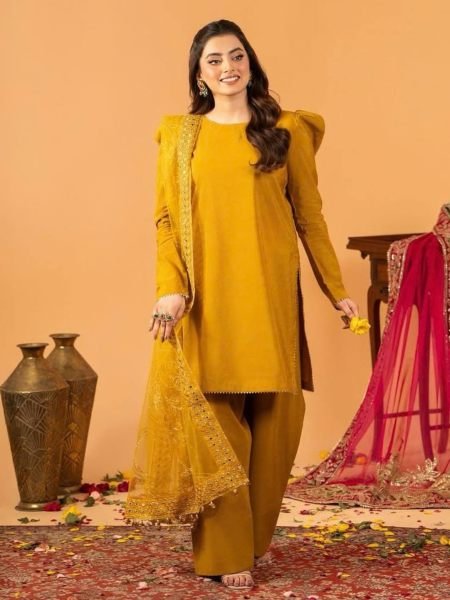 Rich Yellow Designer Roman Chanderi Silk Top Farshi Salwar Dupatta Set For Festival Collection Ready To Wear Suit