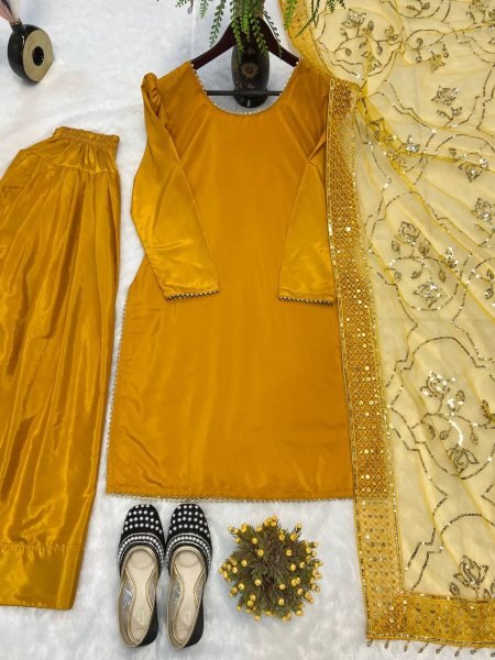 Rich Yellow Designer Roman Chanderi Silk Top Farshi Salwar Dupatta Set For Festival Collection Ready To Wear Collection