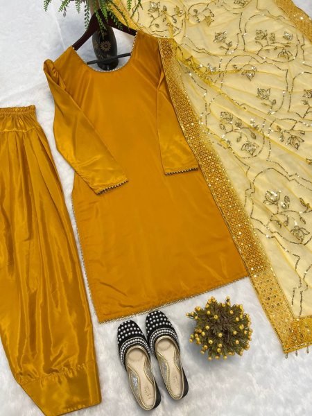Rich Yellow Designer Roman Chanderi Silk Top Farshi Salwar Dupatta Set For Festival Collection Ready To Wear Collection