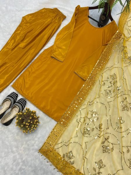 Rich Yellow Designer Roman Chanderi Silk Top Farshi Salwar Dupatta Set For Festival Collection Ready To Wear Collection