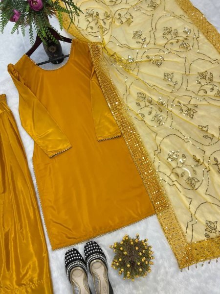 Rich Yellow Designer Roman Chanderi Silk Top Farshi Salwar Dupatta Set For Festival Collection Ready To Wear Collection