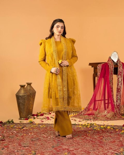 Rich Yellow Designer Roman Chanderi Silk Top Farshi Salwar Dupatta Set For Festival Collection Ready To Wear Collection