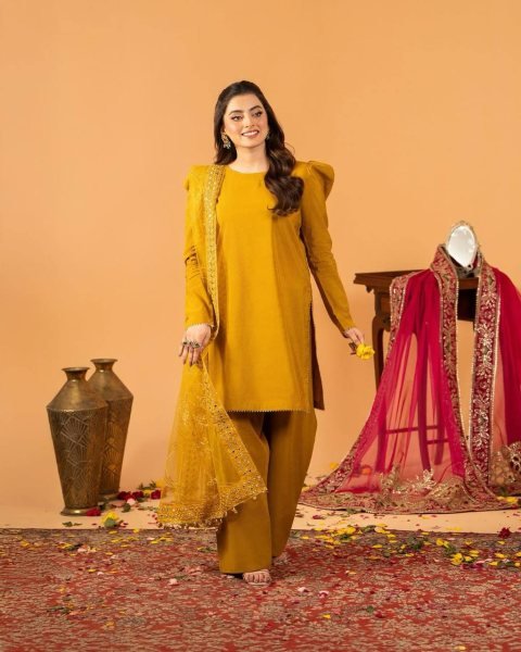 Rich Yellow Designer Roman Chanderi Silk Top Farshi Salwar Dupatta Set For Festival Collection Ready To Wear Collection