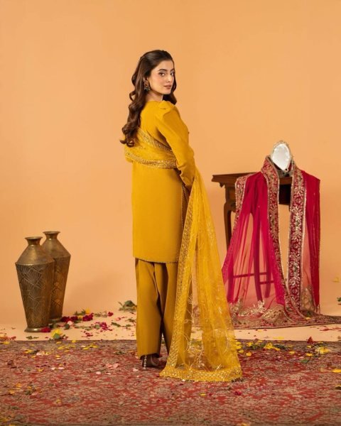 Rich Yellow Designer Roman Chanderi Silk Top Farshi Salwar Dupatta Set For Festival Collection Ready To Wear Collection