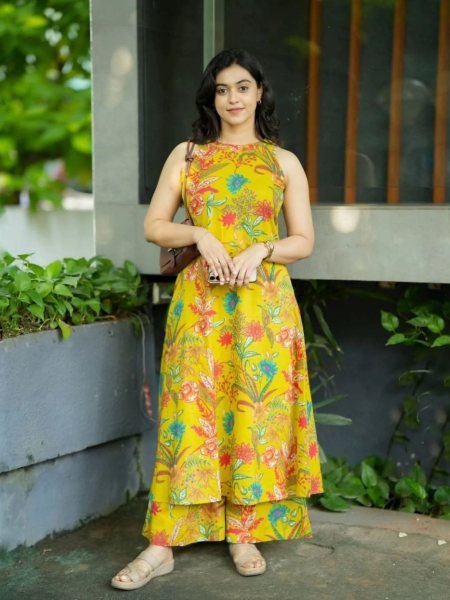 Rich yellow Floral Kalamkari base A line Kurti Palazzo pants 