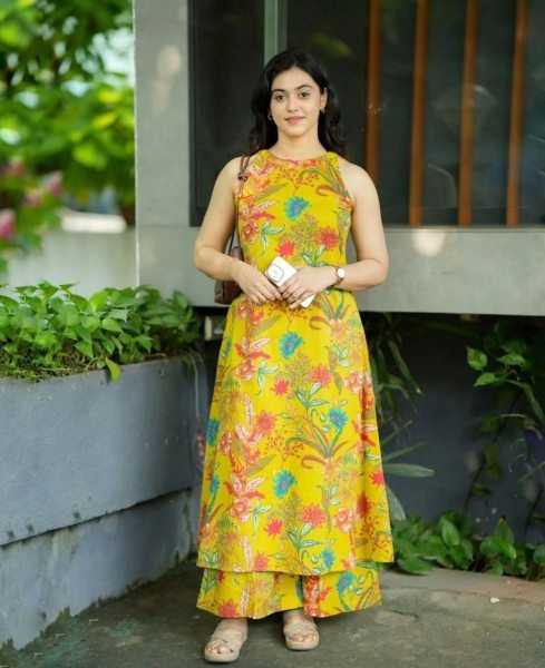 Rich yellow Floral Kalamkari base A line Kurti Palazzo pants Printed Kurtis