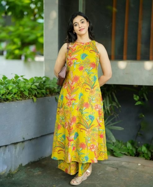 Rich yellow Floral Kalamkari base A line Kurti Palazzo pants Printed Kurtis