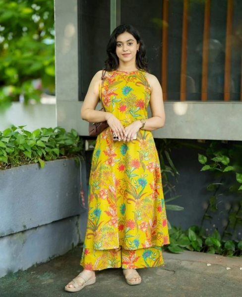 Rich yellow Floral Kalamkari base A line Kurti Palazzo pants Printed Kurtis