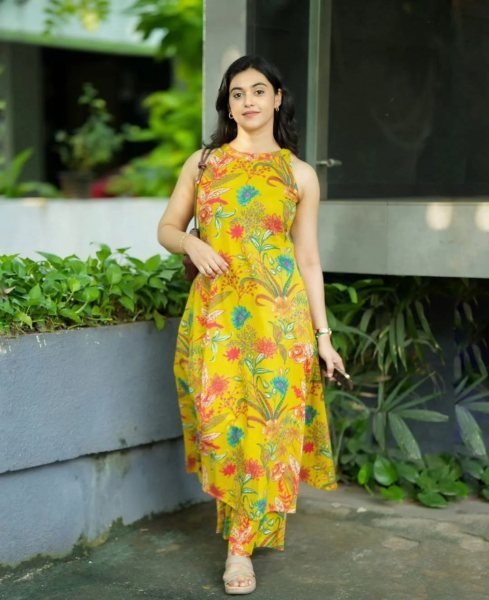 Rich yellow Floral Kalamkari base A line Kurti Palazzo pants Printed Kurtis