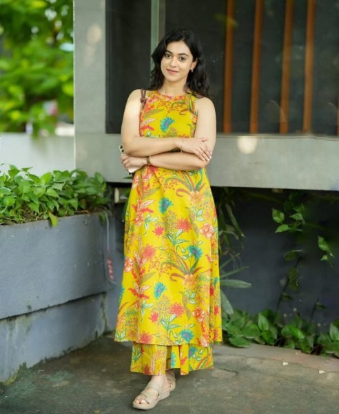 Rich yellow Floral Kalamkari base A line Kurti Palazzo pants Printed Kurtis
