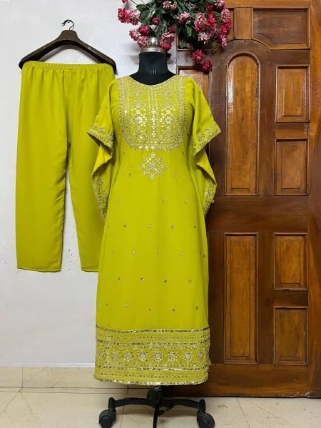 Richly Designed Faux Georgette Kaftan Pant Set with Sequins anf Zari Work at Party Wear Kurti With Bottom Wholesale