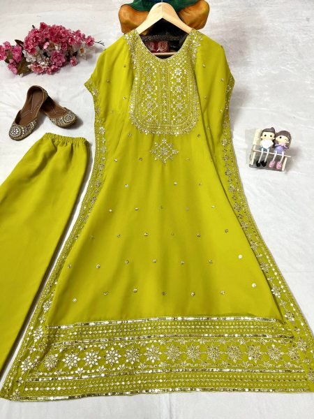 Richly Designed Faux Georgette Kaftan Pant Set with Sequins anf Zari Work at Party Wear Kurti With Bottom Wholesale