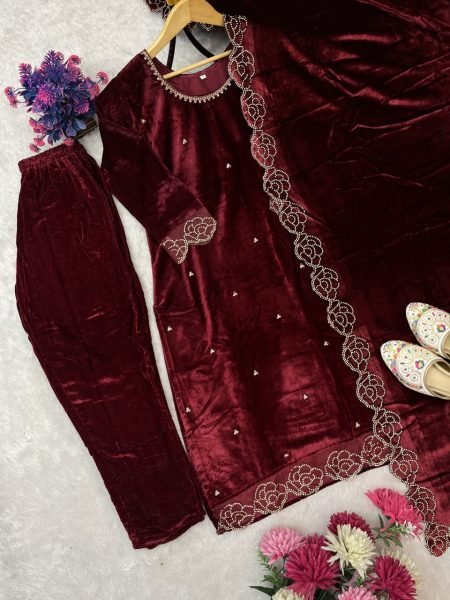 Richly designed Red Velvet Suit with Rhinestone Work   Velvet Dupatta at Manufacturer Rate for Party Wear  Straight Cut Long Kurtis