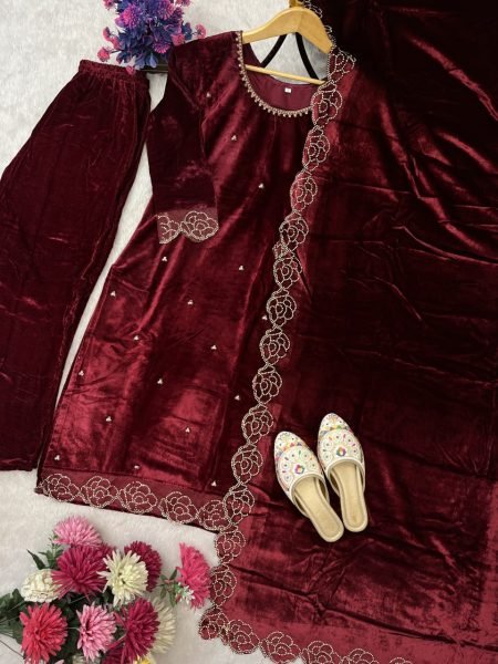 Richly designed Red Velvet Suit with Rhinestone Work   Velvet Dupatta at Manufacturer Rate for Party Wear  Straight Cut Long Kurtis