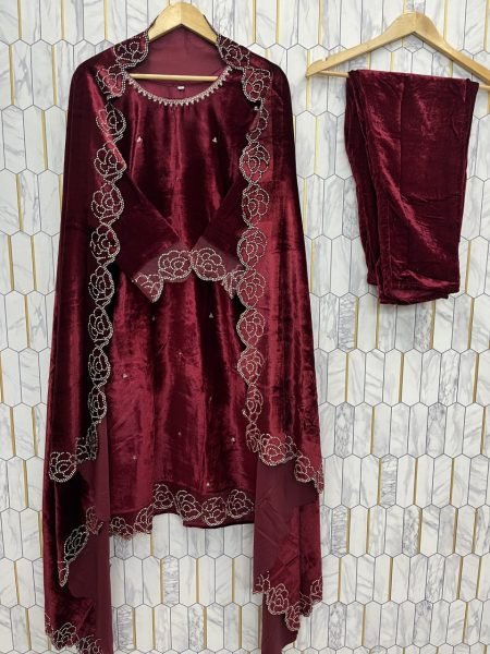 Richly designed Red Velvet Suit with Rhinestone Work   Velvet Dupatta at Manufacturer Rate for Party Wear  Straight Cut Long Kurtis