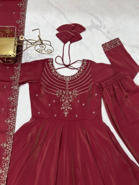 Maroon Roman Shimmer Silk Anarkali Suit with Dupatta Diwali Wholesale Collection Anarkali Kurtis 