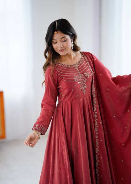 Maroon Roman Shimmer Silk Anarkali Suit with Dupatta Diwali Wholesale Collection Anarkali Kurtis 