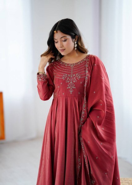 Maroon Roman Shimmer Silk Anarkali Suit with Dupatta Diwali Wholesale Collection Anarkali Kurtis 