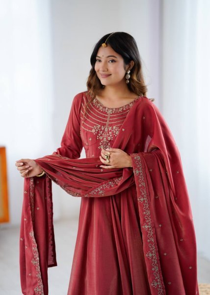 Maroon Roman Shimmer Silk Anarkali Suit with Dupatta Diwali Wholesale Collection Anarkali Kurtis 